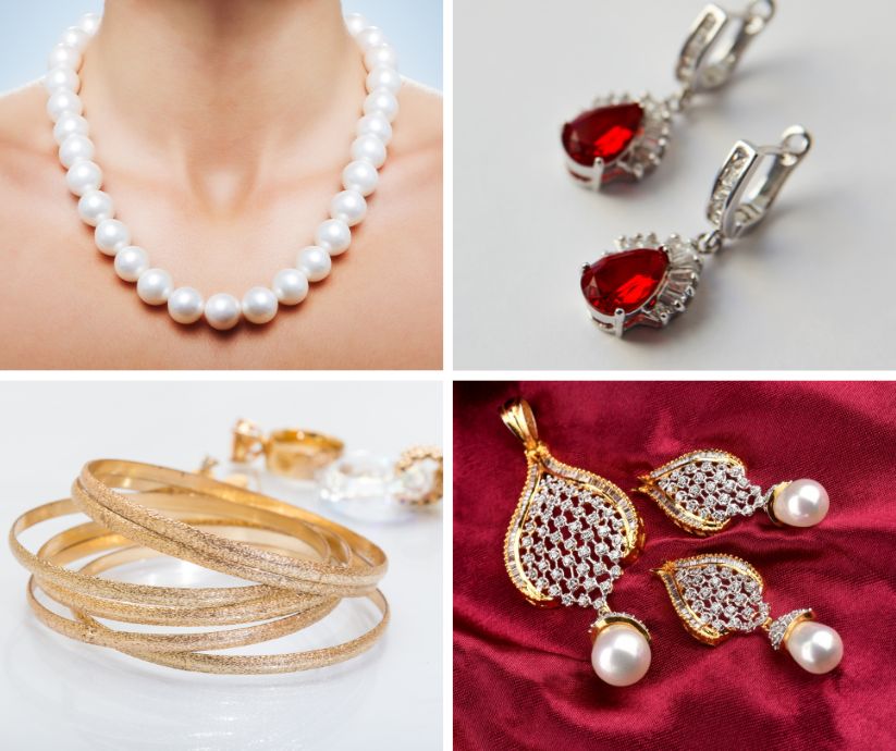 przykłady eleganckiej biżuterii pasującej do czerwonej sukienki - perły, kamienie, metale szlachetne