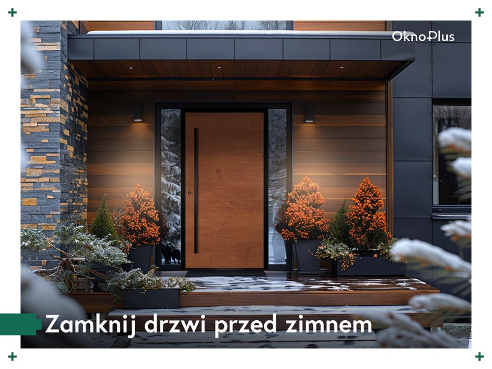 wejście do domu w kolorach szarości i rudości wejście do domu z ciemnym drewnem i drzwiami z czarną klamką