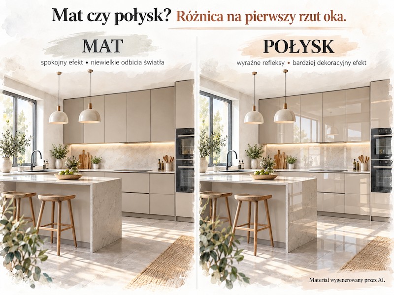 Jakie meble do kuchni: mat czy połysk? Porównanie wykończeń frontów Porównanie matowych i błyszczących frontów w jasnej kuchni